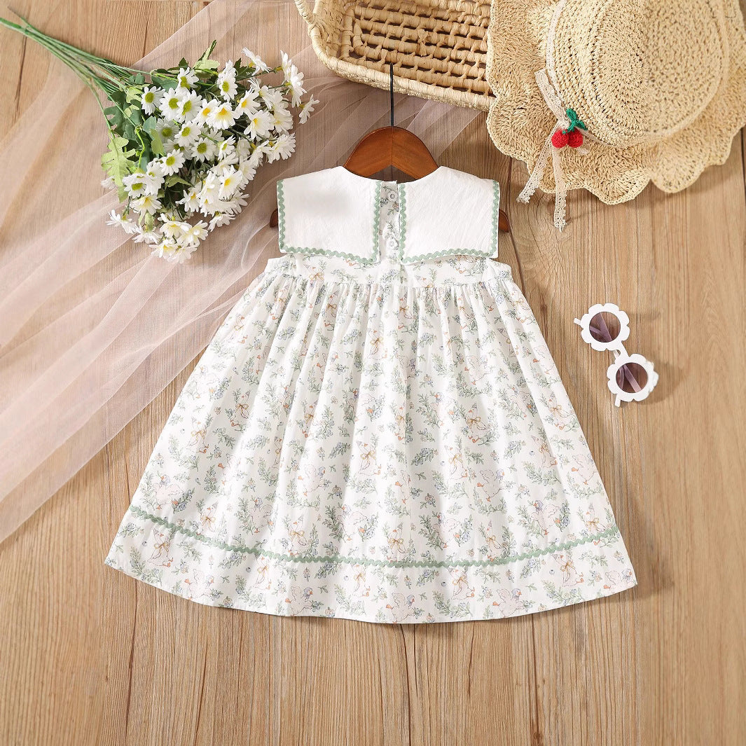 Summer Baby Kids Girls Sleeveless Floral Dress with Embroidery Collar