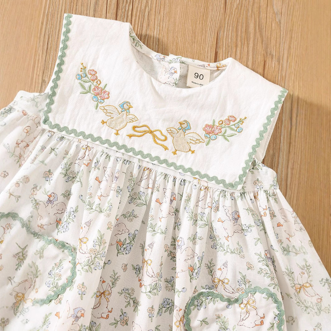 Summer Baby Kids Girls Sleeveless Floral Dress with Embroidery Collar