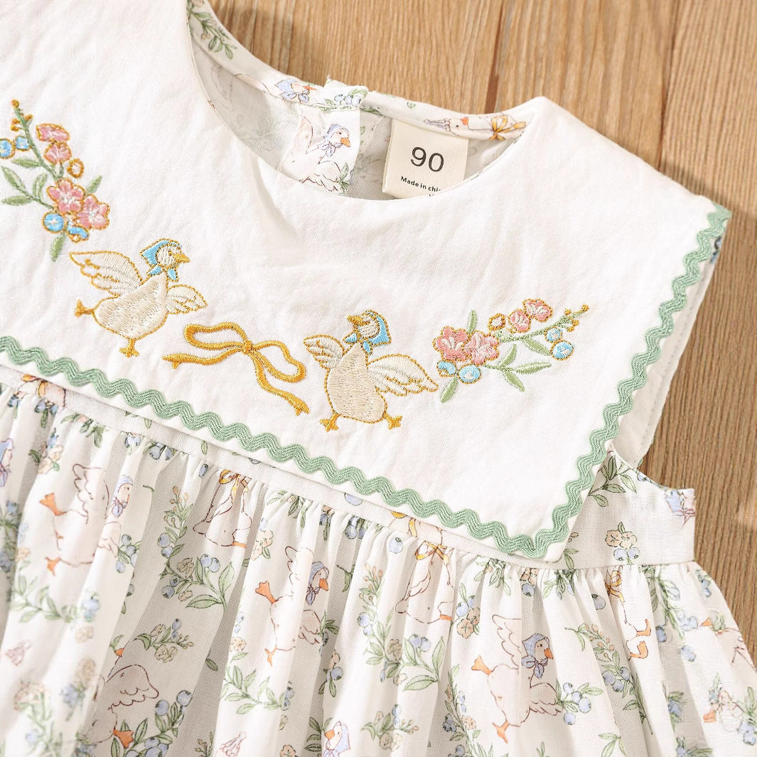 Summer Baby Kids Girls Sleeveless Floral Dress with Embroidery Collar