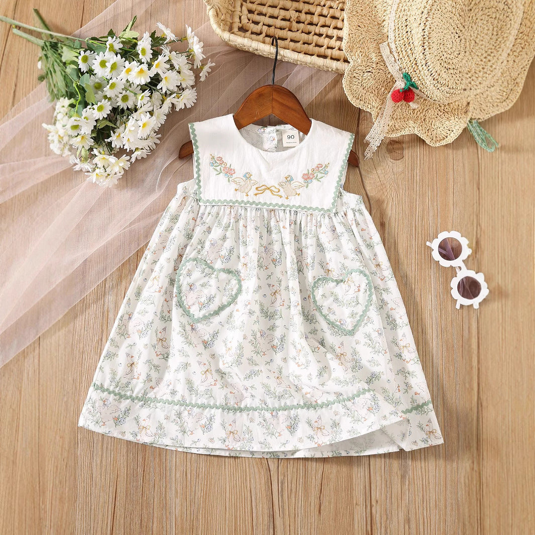 Summer Baby Kids Girls Sleeveless Floral Dress with Embroidery Collar